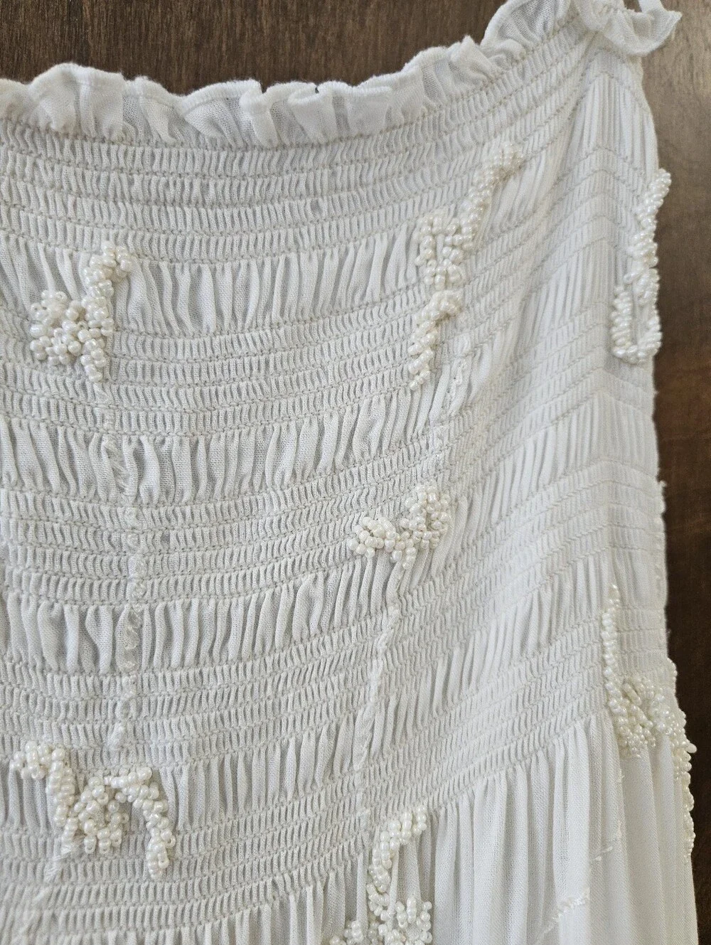 White Boho Tie-Strap Smocked Glass Beaded Dress Sz L